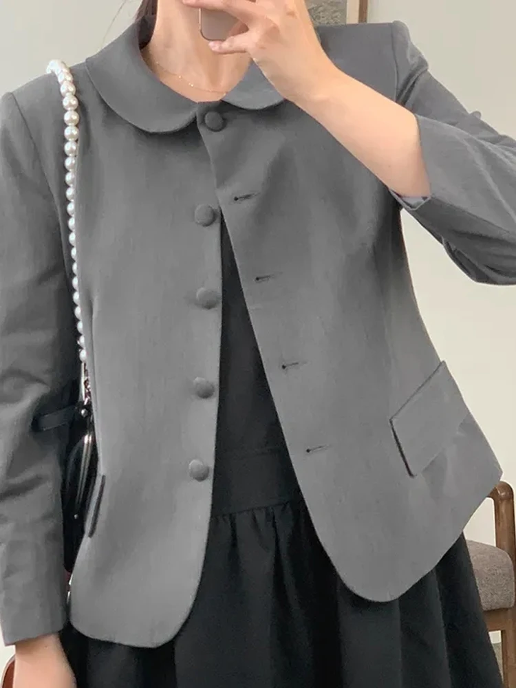 

Korean Sle Autumn Suit Jaet ort Svel Doll Collar Vintage Single Button Long Sve ort Length Top for Women