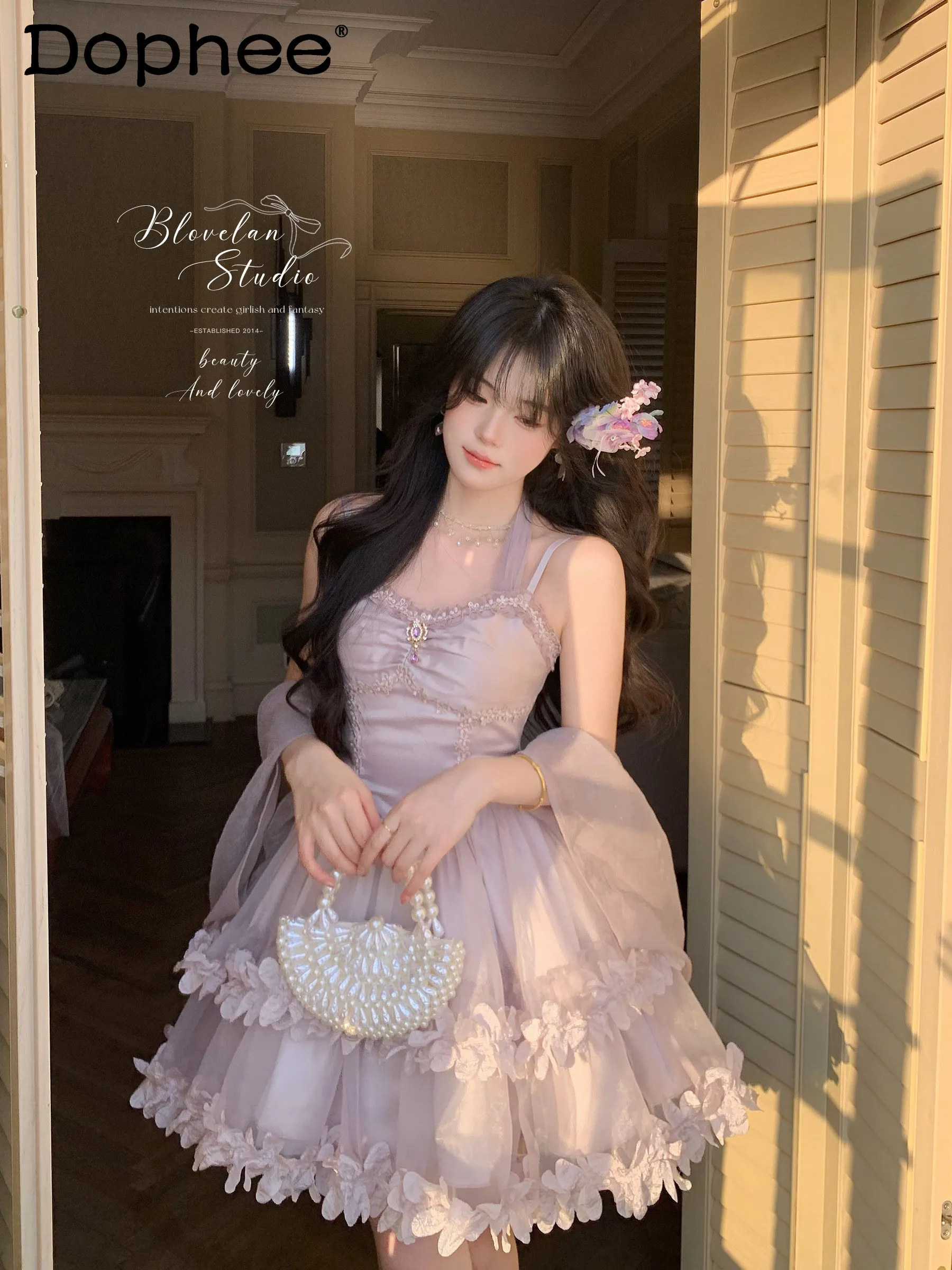 

Sweet Princess Style Double Lace Mesh Fluffy Dress Birthday Party Pure Desire Wind Jsk Neck Suspender Dress for Woman