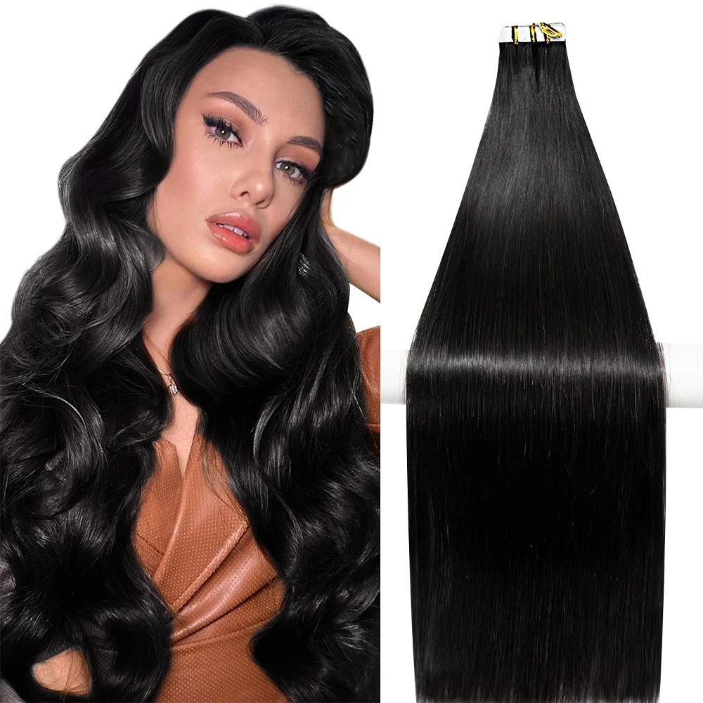 Straight Tape In Extensions 50G/20Pcs Skin Adhesive Invisible Glue #1B Tape Ins Brazilian Remy 100% Human Hair On Salon Quality