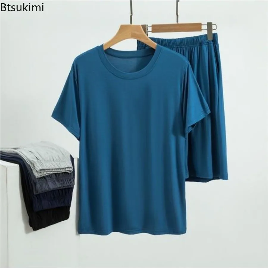 Modal Pajama Set Men's Round Neck Pajama Set for Summer Casual Wear Solid Color Loose Short Sleeved Shorts Two-piece Set Male