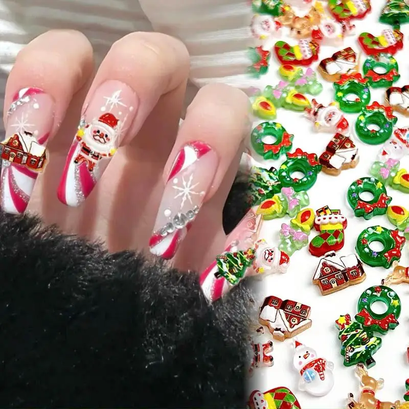 Cute Cartoon Red Green Christmas Tree Elk Nail Charms Kawaii XMAS Snowflake Santa Claus Socks Nail Art Decorations Ornaments