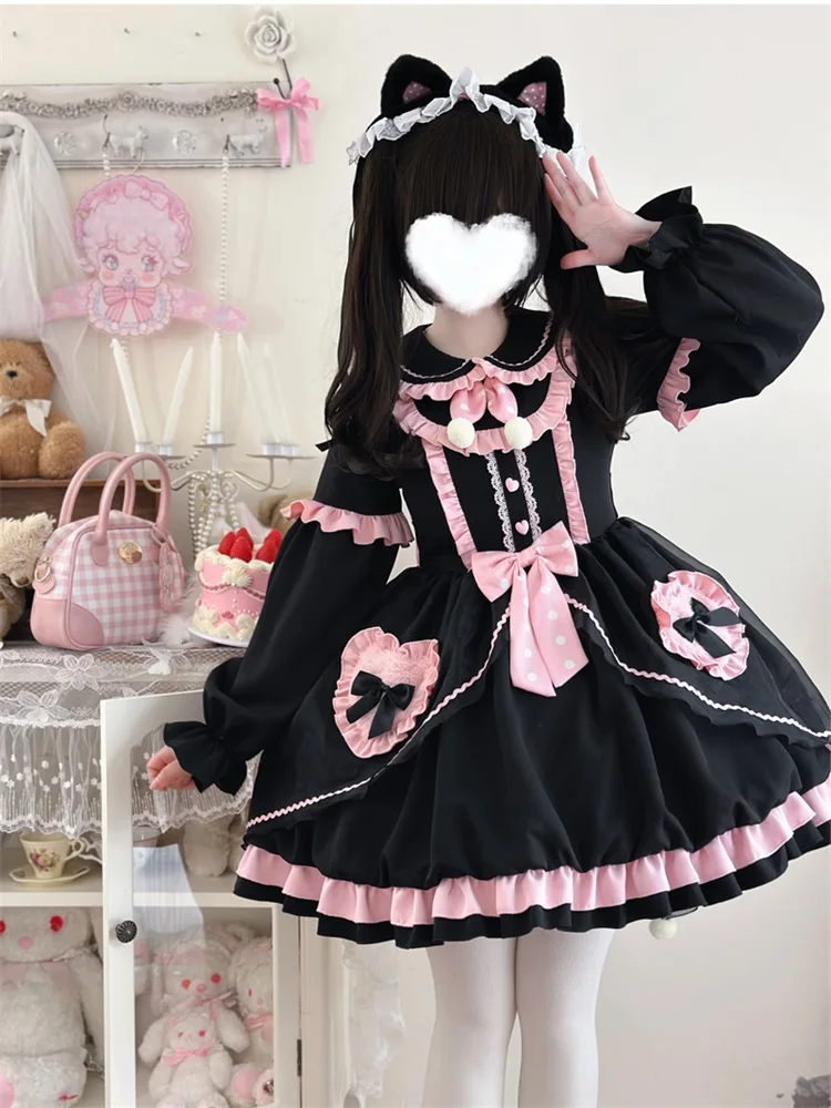 Kimokokm-kawaii lolitaフリル長袖ドレス、ピータパンカラーコスプレボウ、キャビン、リニミニドレス、ピンセット