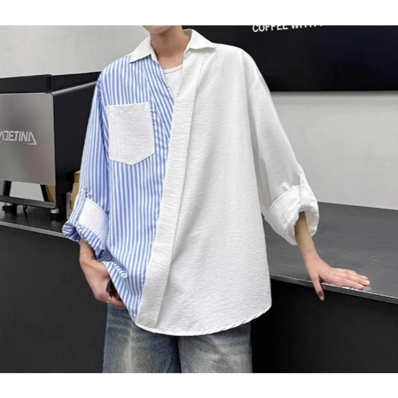 

Shirt Men's Summer New Korean Splicing Fashion Shirt Loose V-neck Casual Long-sleeved Bottoming Trendy Shirt