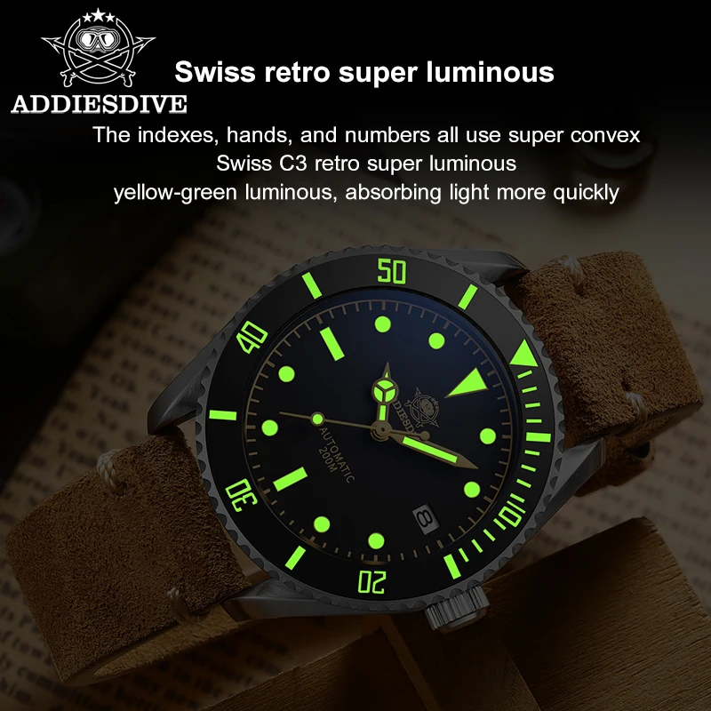 ADDIESDIVE Men Automatic Wristwatch Retro NH35 Movement 316L Stainless Steel Sapphire Glass Luminous 200m Diving Watch Reloj