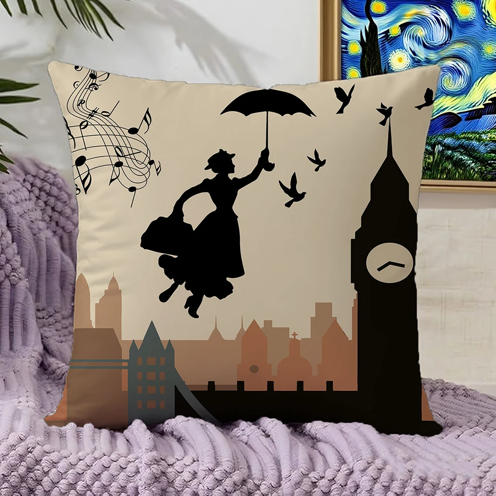 Pillow cover 40x40 Pillow cover 50x50 Mary Poppins silhouette London cityscape Big Ben umbrella decorative home pillowcase