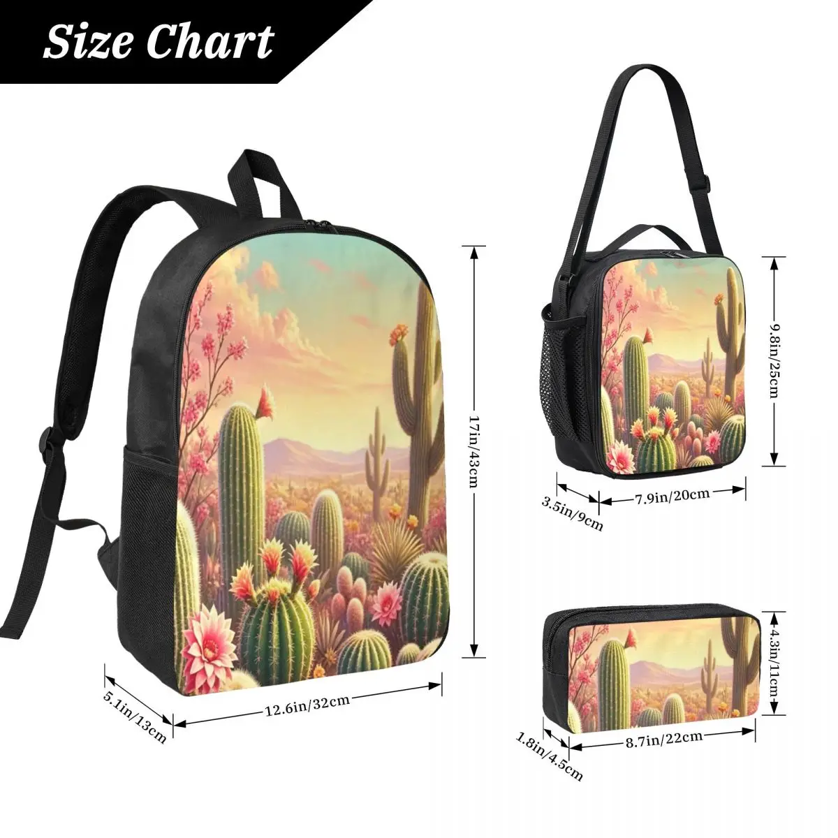 Cactus And Flower Desert Scenery Backpack Kids BookBag School Bag Computer Shoulder Bags 3ps Insulated Lunch Bag Pencil Case