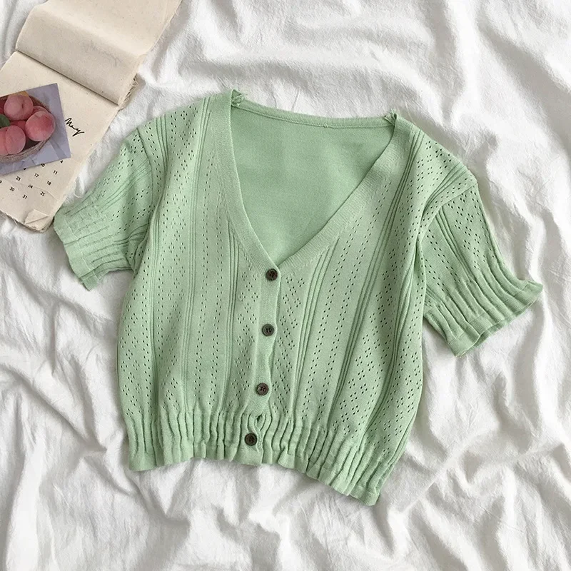 

Short Sleeved V-neck Knitted Cardigan Women's Summer Korean Version Hollowed Out Thin T-shirt Retro Short Women Clothing Tops