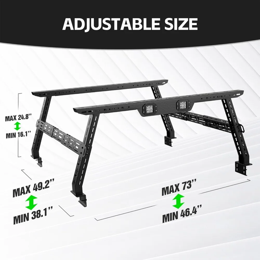 Adjustable Truck Bed Rack 16-24.8 Inches High, Cargo Carrier with LED Lights, Compatible for Various Truck Models