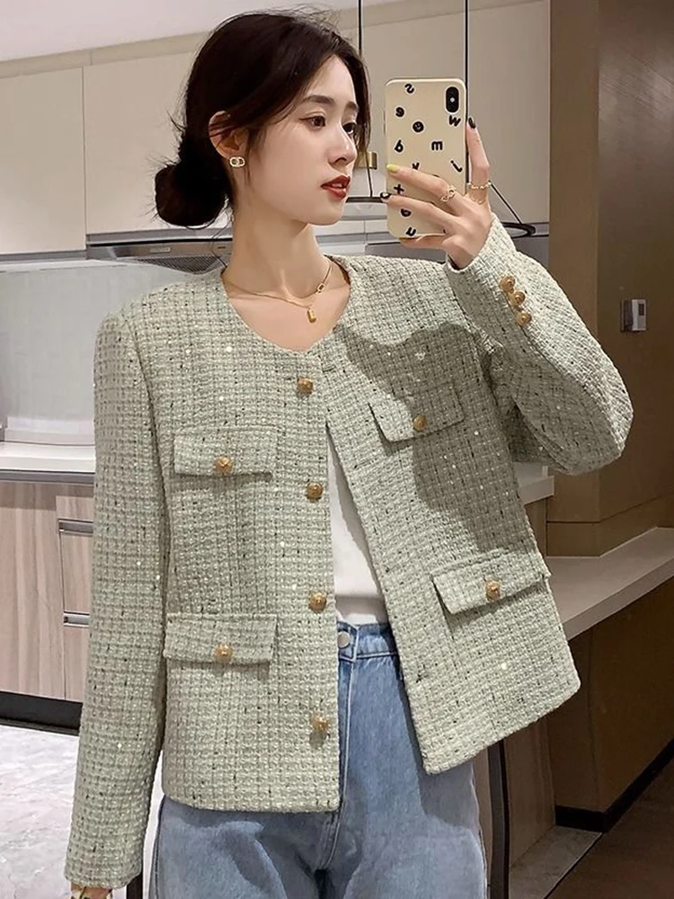 

Jmprs Design Elegant Office Lady Tweed Jacket Fashion Long Sleeve Sweet Coat Women O Neck Casual Chic Buttons French Jacket New