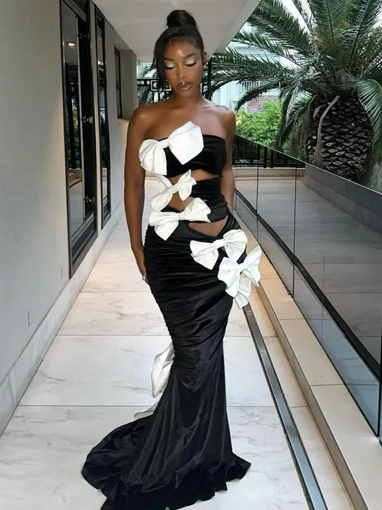 

2024 Women Sexy Strapless Bow Tie Cut Out Black Maxi Long Celebrity Bodycon Bandage Dress Elegant Evening Club Party Dress
