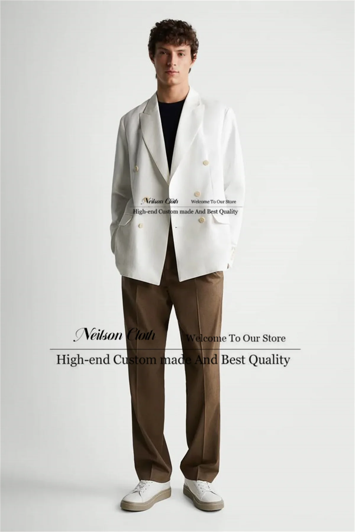 

Korean White Jacket Male Prom Blazers Double Breasted 2 Pcs Sets Groom Wedding Tuxedos Customized Peaked Lapel Terno Masculino