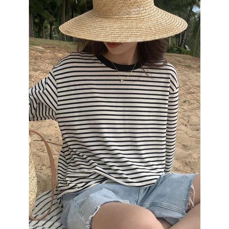 

Lovely Striped Long Sve T-irt Women's Early Spring New round Ne Cotton 00% Comfortable Soft Material Spring Faion