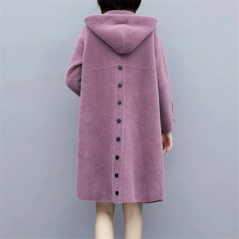 Women Imitation Mink Fleece Sweater Coat Medium Long Wool Thickened Overcoat Female Hooded Windbreaker 2023New Autumn Winter Top