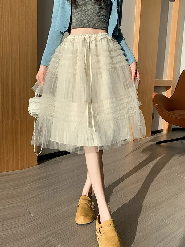 Sweet Lace A-Line  Skirt Women's Spring Summer New Style Versatile Youthful Beautiful Cake Midi Skirt Soft Comfortable Hi...