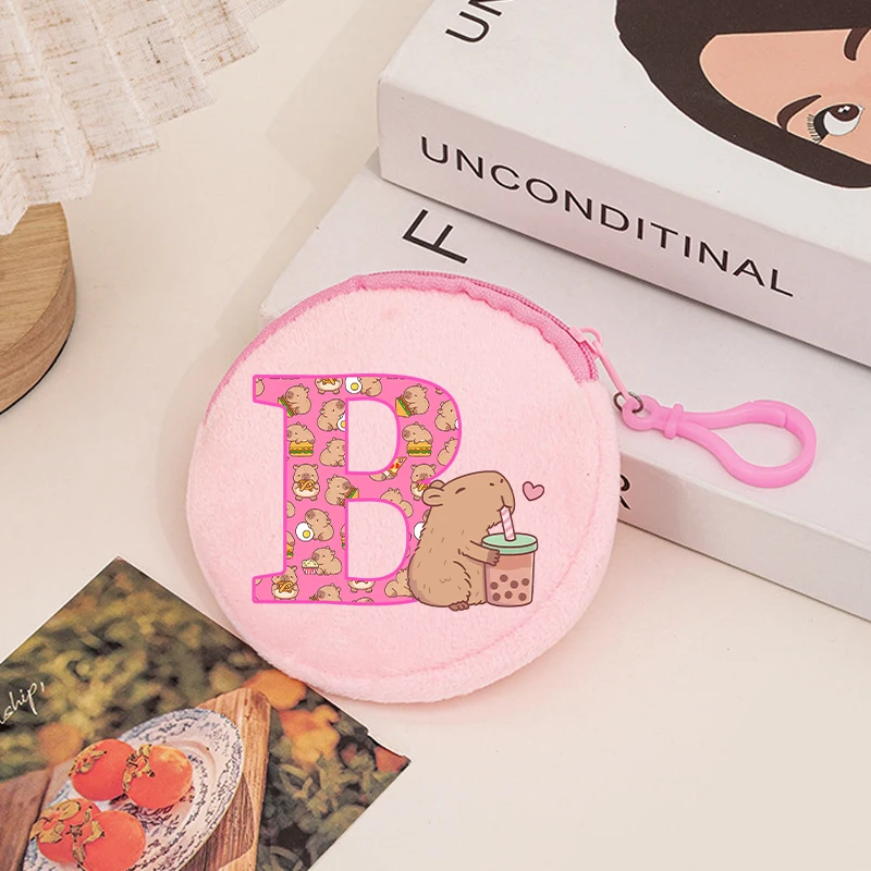 Capibara Plushes Coin Purse Keychains Kids Anime Capybara Letter A-Z Wallet Key Ring Girls Travel Mini Money Bag Children Gift