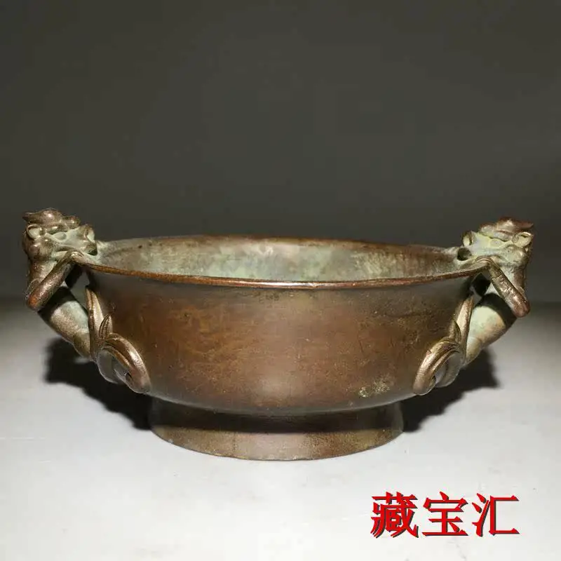 Distressed Craft Chinese Qianlong Style Pi Xiu Double Ear Copper Censer Fortune Attracting Vintage Incense Burner Decor Statue