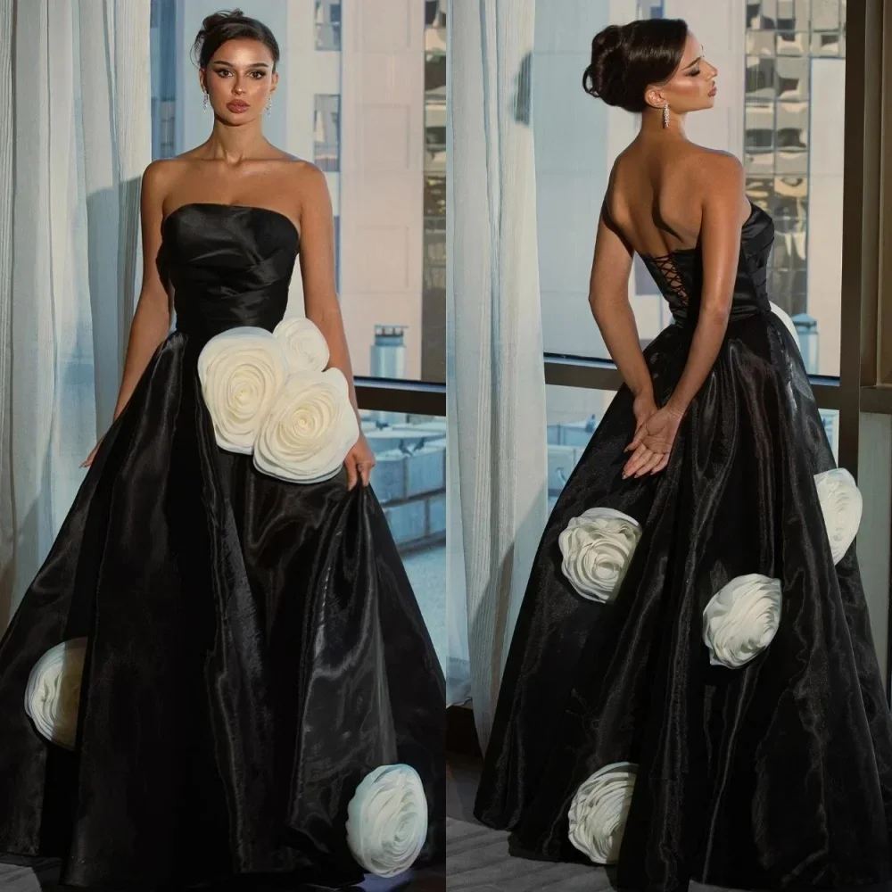 

MCDV Customized Graceful Satin 3D Flowers Evening Dress High Quality Strapless Sleeveless Floor Length Prom Gowns Custom Size