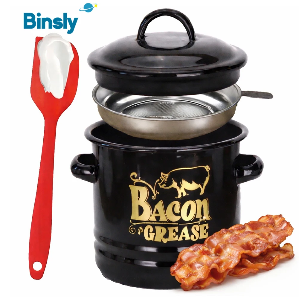 

1.2L Rustic Farmhouse Enamel Bacon Grease Keeper Can with Filter & Scraper Vintage Bacon Oil Container Kitchen Storage Jar