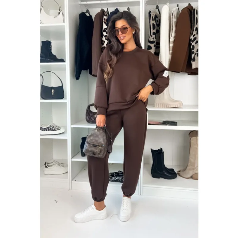 

Tinaa Brown Women's Pant Sets 2025 Autumn Winter Spliced Print Sweatshirts Elastic Waist Pencil Pants Female Tracksuits 191560