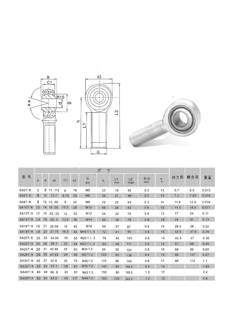 1pcs Internal Thread Sa External Thread Stainless Steel Fish-Eye Connecting Rod End Bearing Connecting Rod Universal Joint Ball