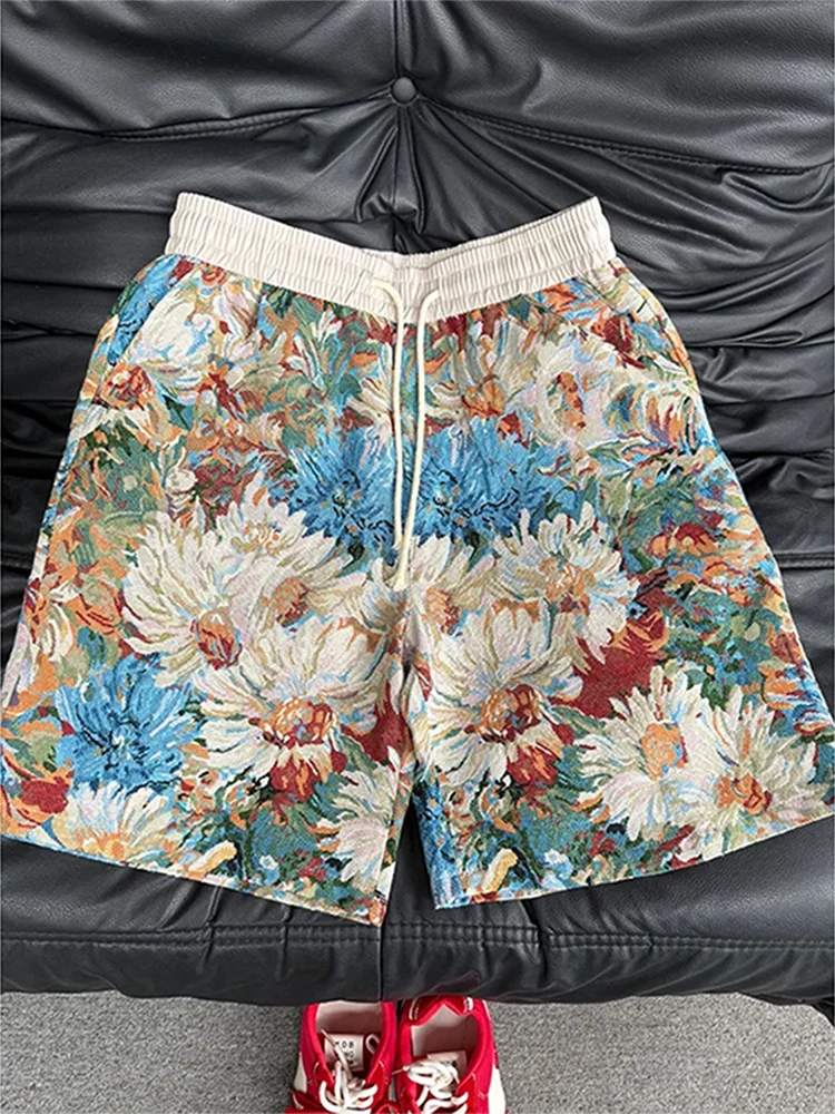 

Summer Casual Hawaiian Beach Sle ort Pants Men's Five-Point Painted Oil Painting Sle Loose Straight Leg Elastic Waist