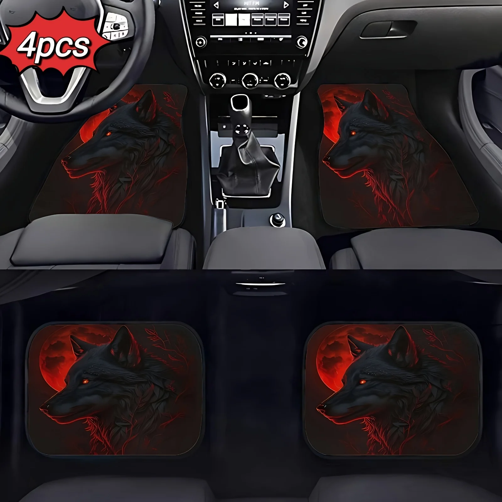 4pcs Wolf King Printed Car Mats, Absorbent & Non-Slip, Durable Polyester, Universal Fit For All Car Models, Comfort & Protection