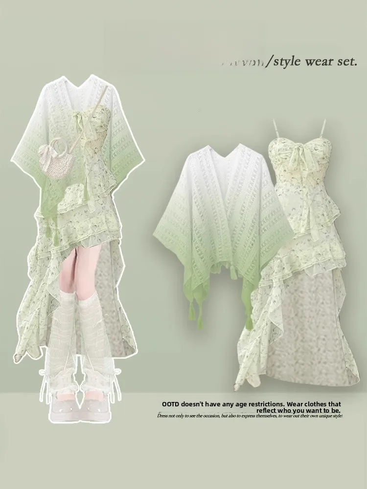 Ensemble deux pièces imprimé Floral pour femmes, doux, bretelles amincissantes, jupe Dr, Robe trapèze légère, été