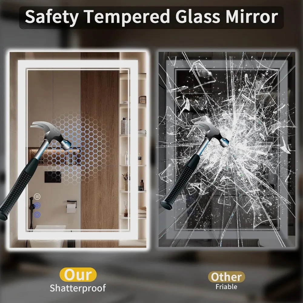 Espelho de banheiro LED 30x38 com luzes, antiembaçante, retroiluminado + iluminação frontal, regulável, espelho de vaidade LED para parede, 3 cores, diversão com memória