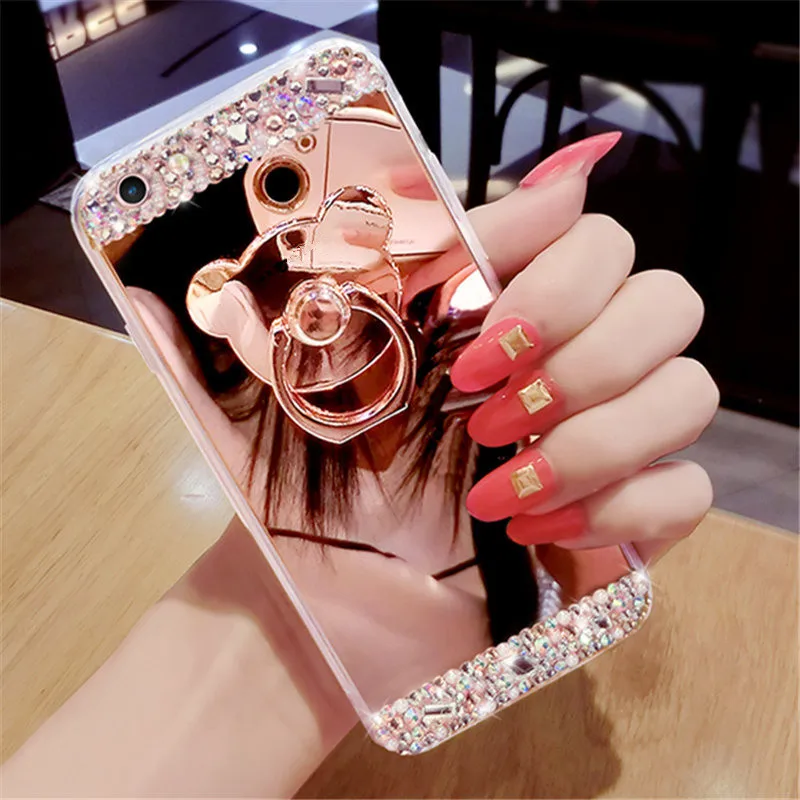 Fancy Diamond Bear Crystal Stone Finger Ring Stand Mirror Phone Case For iphone 15 Por 13 14 12 11 Pro Max X XS Max XR 7 8 Plus