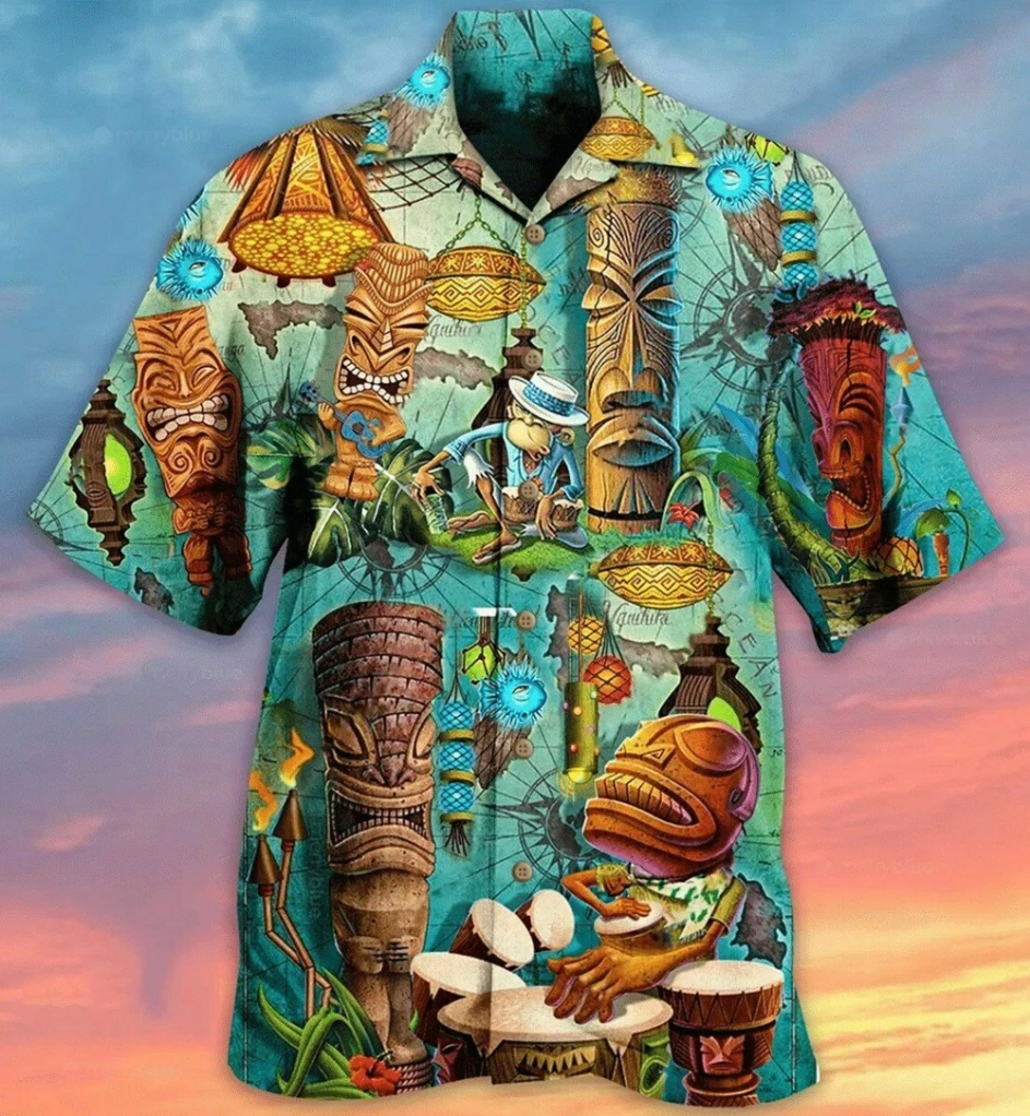 Hot Sale Men's shirt Hawaiian Summer Beach Short Sleeve Oversize Blue Ocean Men's clothing Summer Vacation