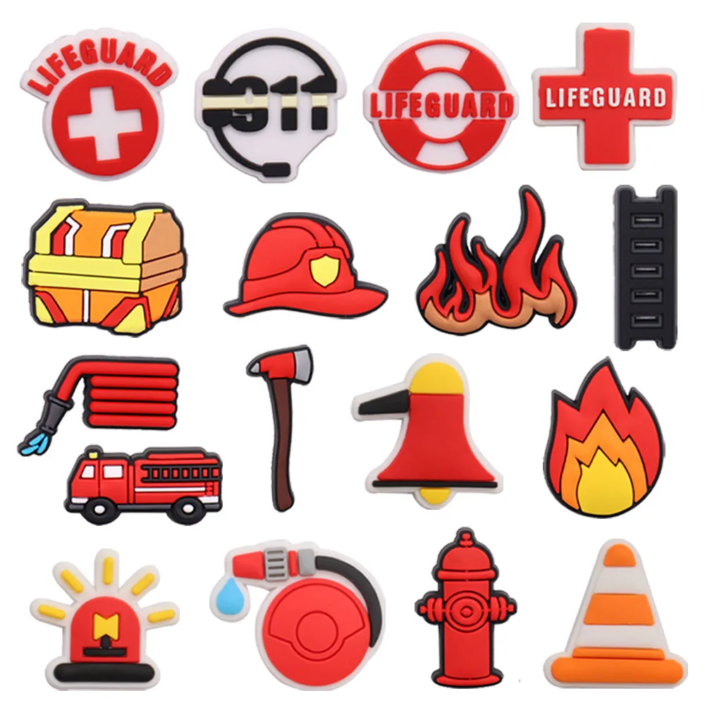 Mix 50pcs PVC Shoe Charms 911 Hotline Axe Firetruck Hose Hat Buckle Clog Fit Wristbands Decorations for Bands Bracelets Kid Gift