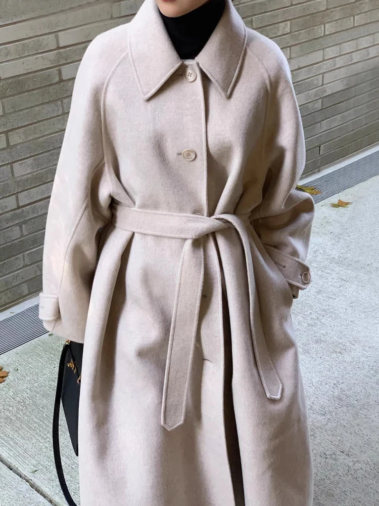 

New Winter Retro Style Women Wool & Blends Jackets Single-breasted, Strappy, Cinched Waist, Side-slit Long Woolen Coat for Women