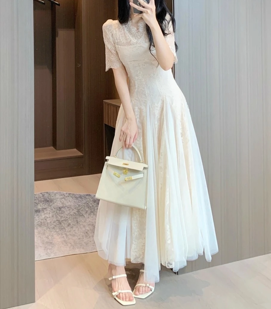 

Абрикосовое кружевное платье женское с v-образным вырезом летнее платье с высокой талией облегающее элегантное винтажное шикарное праздничное платье женская