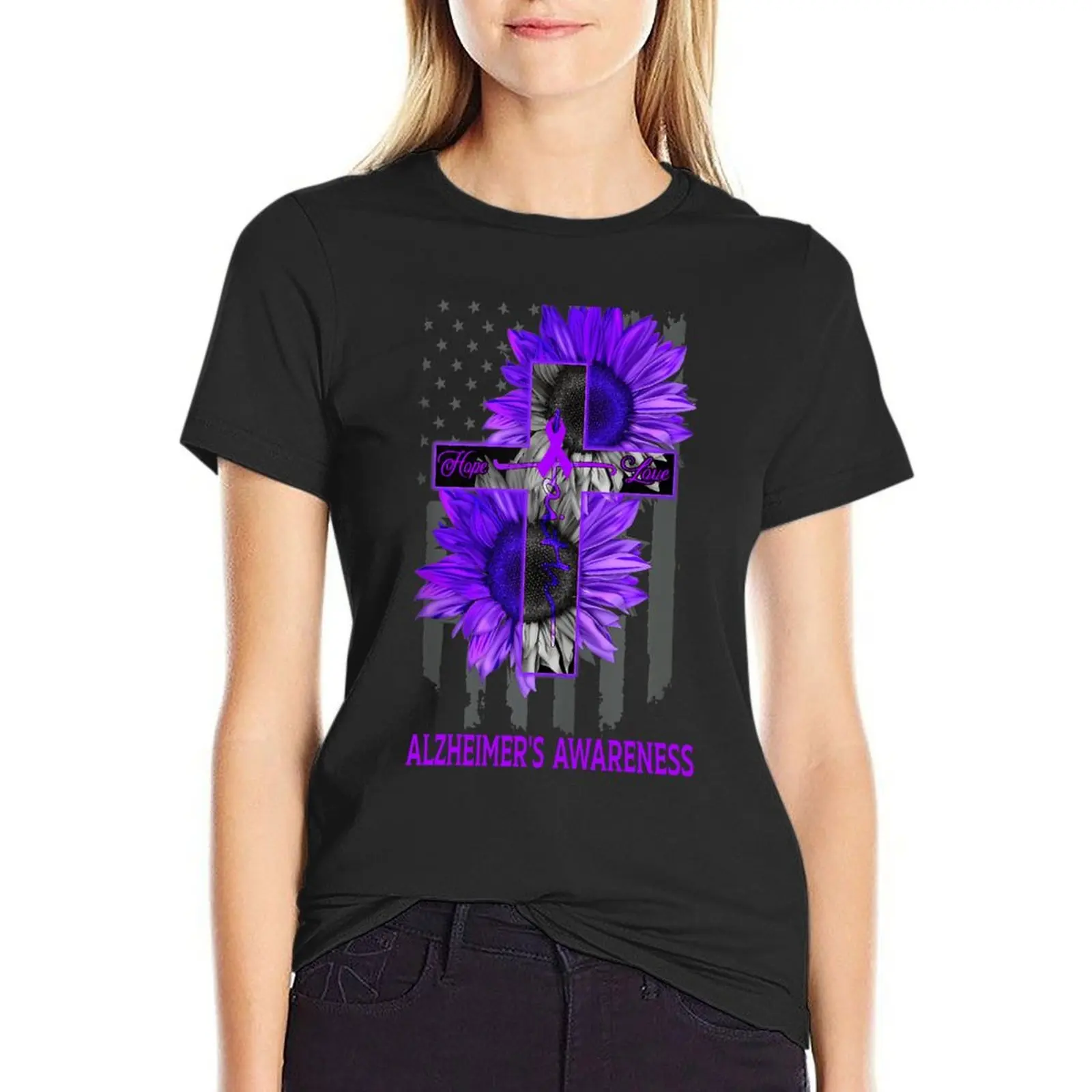 

Faith Hope Love American Flag Sunflower Christian Cross ALZHEIMER'S Awareness T-Shirt funnys customizeds Woman T-shirts