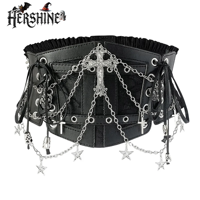

HERSHINE цельный женский модный эластичный широкий пояс с цепочкой и крестом, Y2K, готический панк, Харадзюку, рок, хип-хоп, стиль, весна, лето