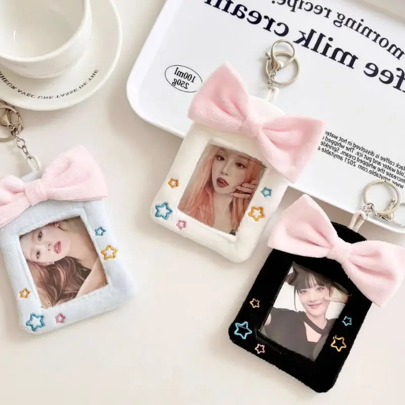 Cute Plush Photo Card Holder Photo Albums Bowknot Decor Cover Case Idol Bus Card Protector Bag Picture Photo Sleeves Card Cases