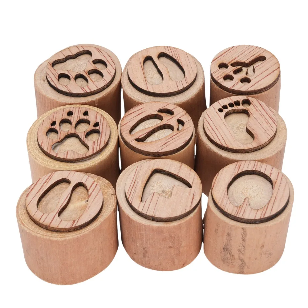 9pcs 9 Styles Wooden Animal Track Stamps Animal Pattern Multifunctional Paw Print Stamp Set Playdough Stampers For DIY Crafts