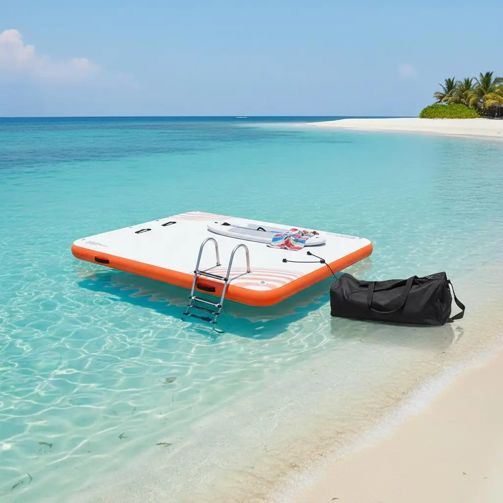 Plataforma flotante inflable de 6 x 5 pies para piscina, playa, océano, con escalera desmontable, bolsa de transporte portátil.
