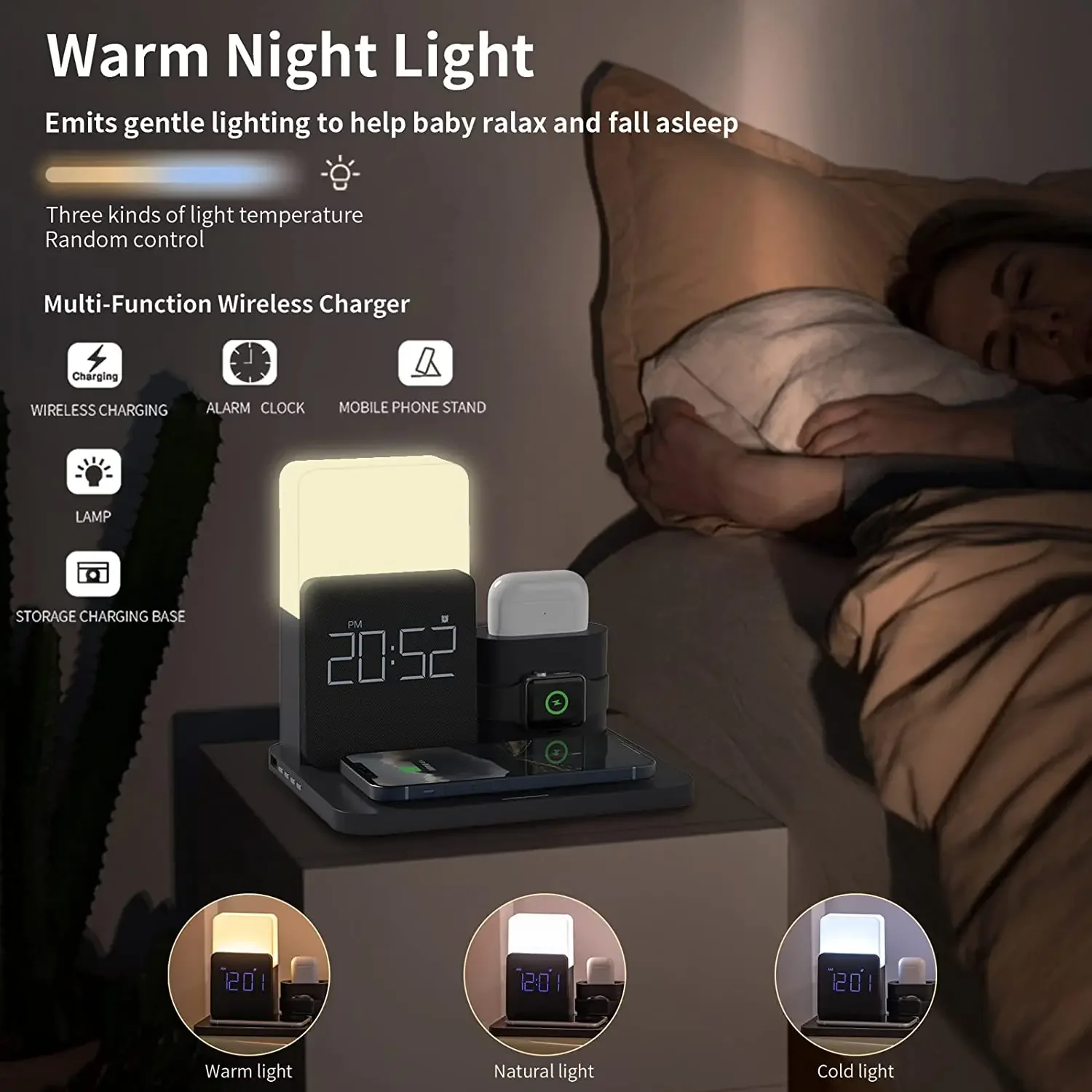 Quick charge with wireless charger, 4-in-1 LED lamp, bedside lamp, electronic alarm clock, radio headset, iPhone Iwatch charging