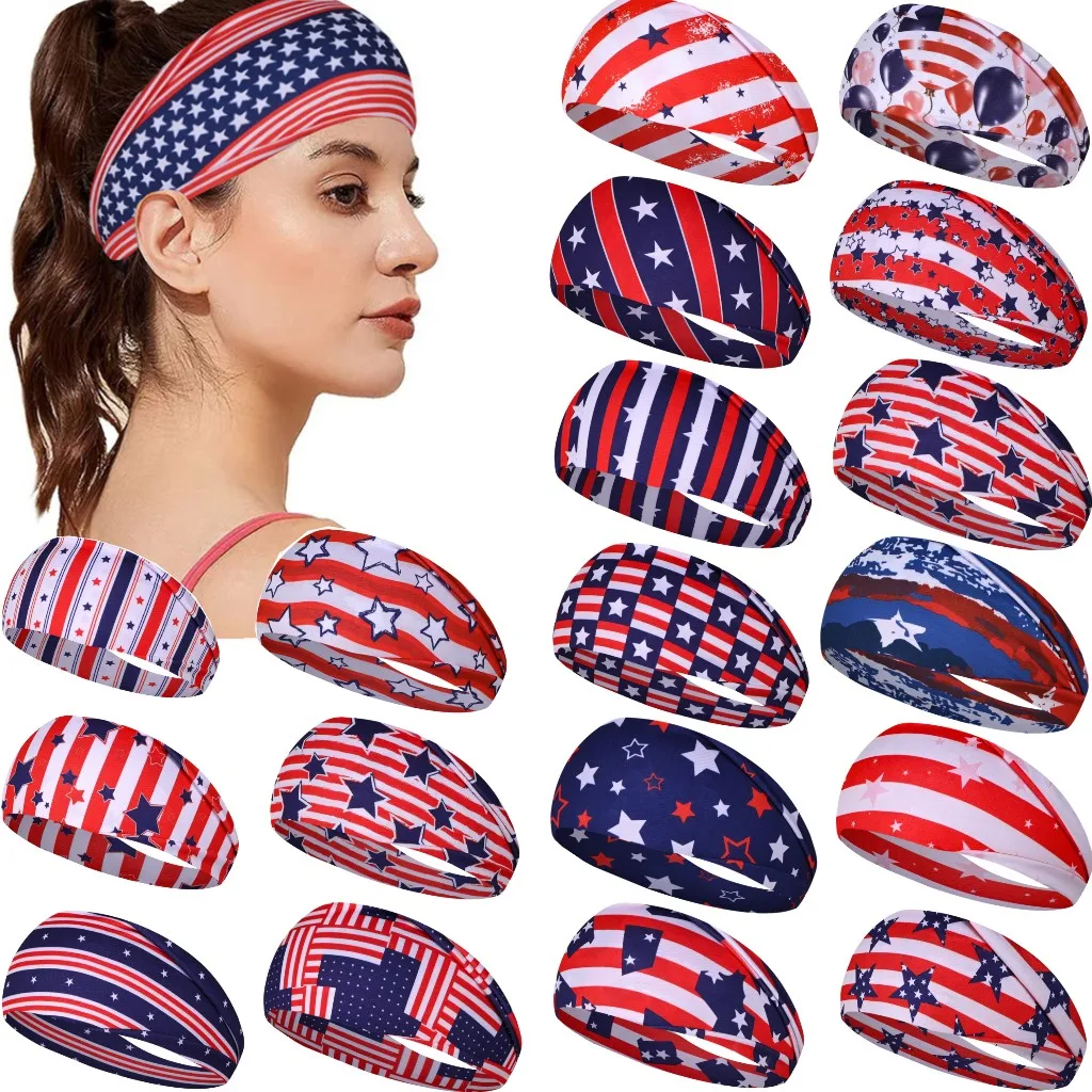 Men Women US Flag Headband Elastic Yoga Hair Band For Volleyball Cycling Fitness Tennis Independence Day Headwraps Sweatband