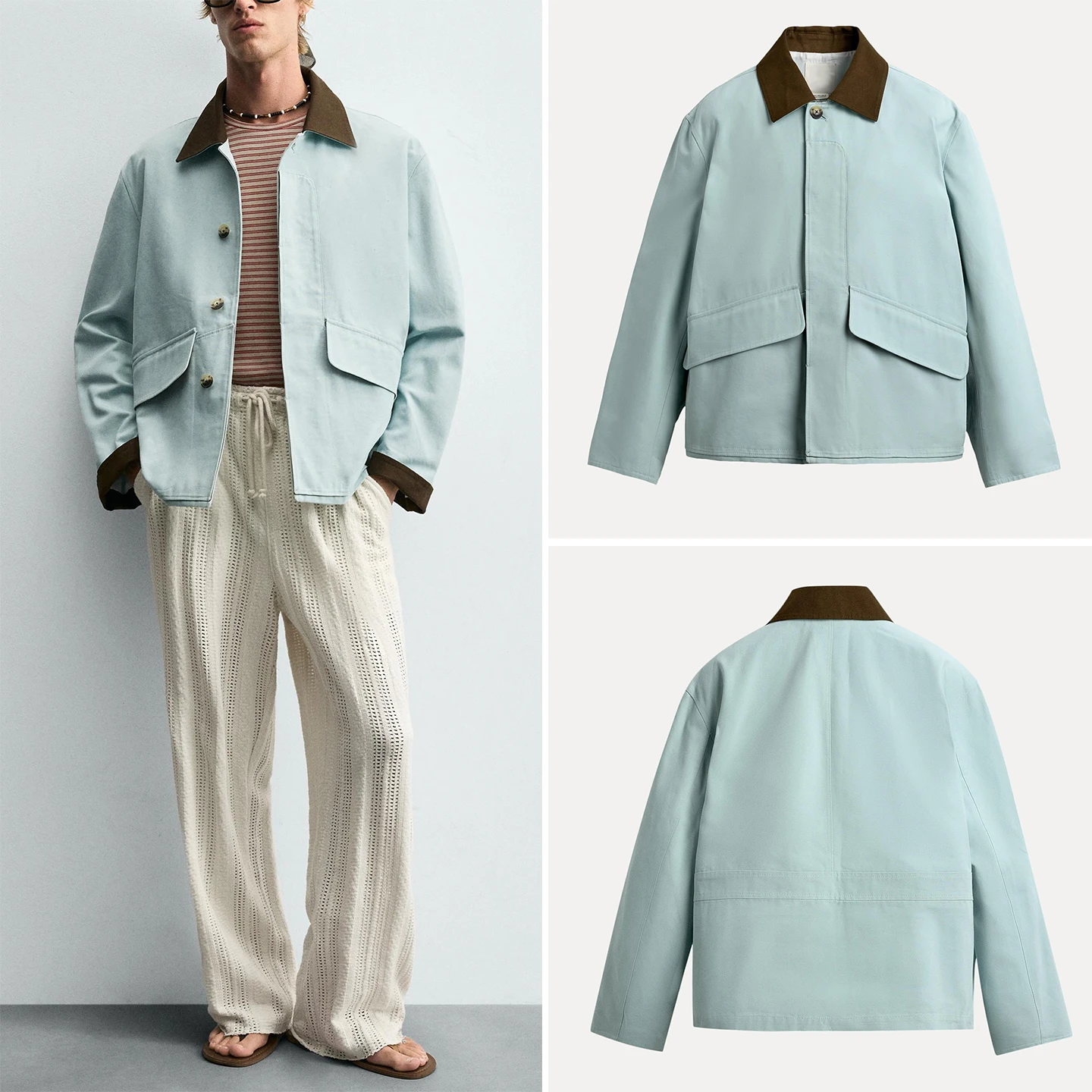 

Loose Fit Color Blo Collar Jaet Men's Outerwear with kets Autumn 2025 New Arrival Z Stand Sve Long