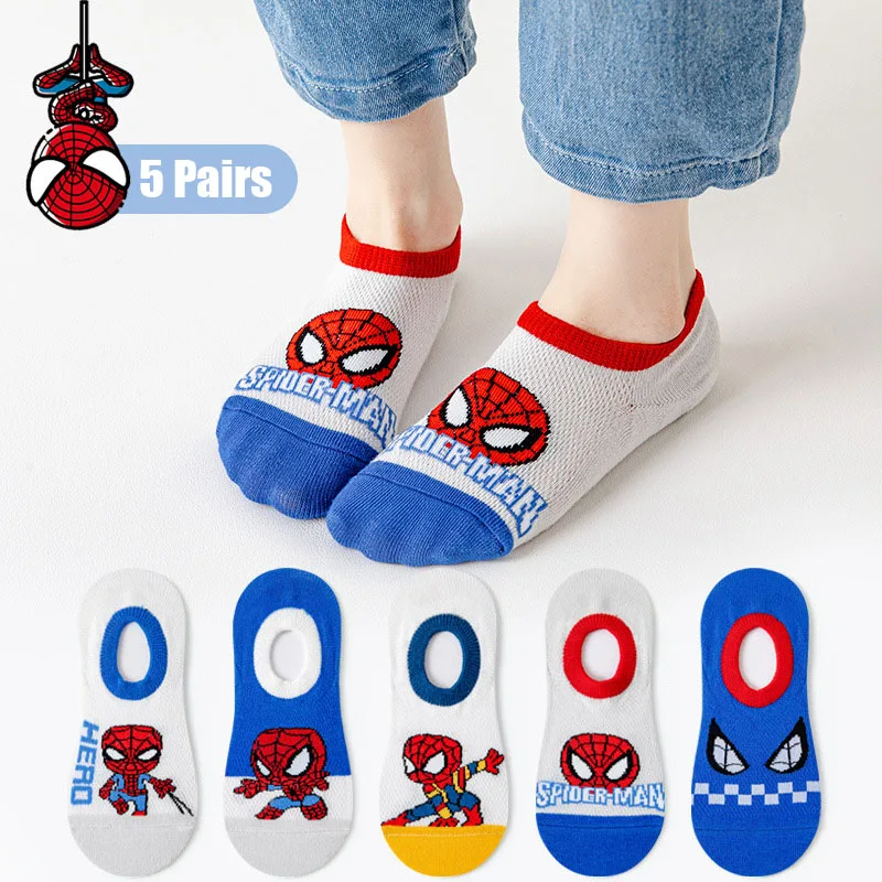 5 pares/lote dos desenhos animados malha respirável marvel spiderman crianças meias de algodão verão crianças meias do bebê meninos meias curtas