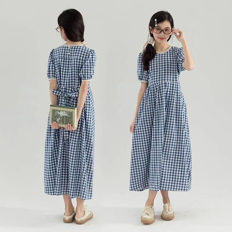 

Girls' French Style Short Puff Sleeve Pleated Long Dress 2026 Summer New, Casual Gown for Big Kids Mother-Daughter Matching