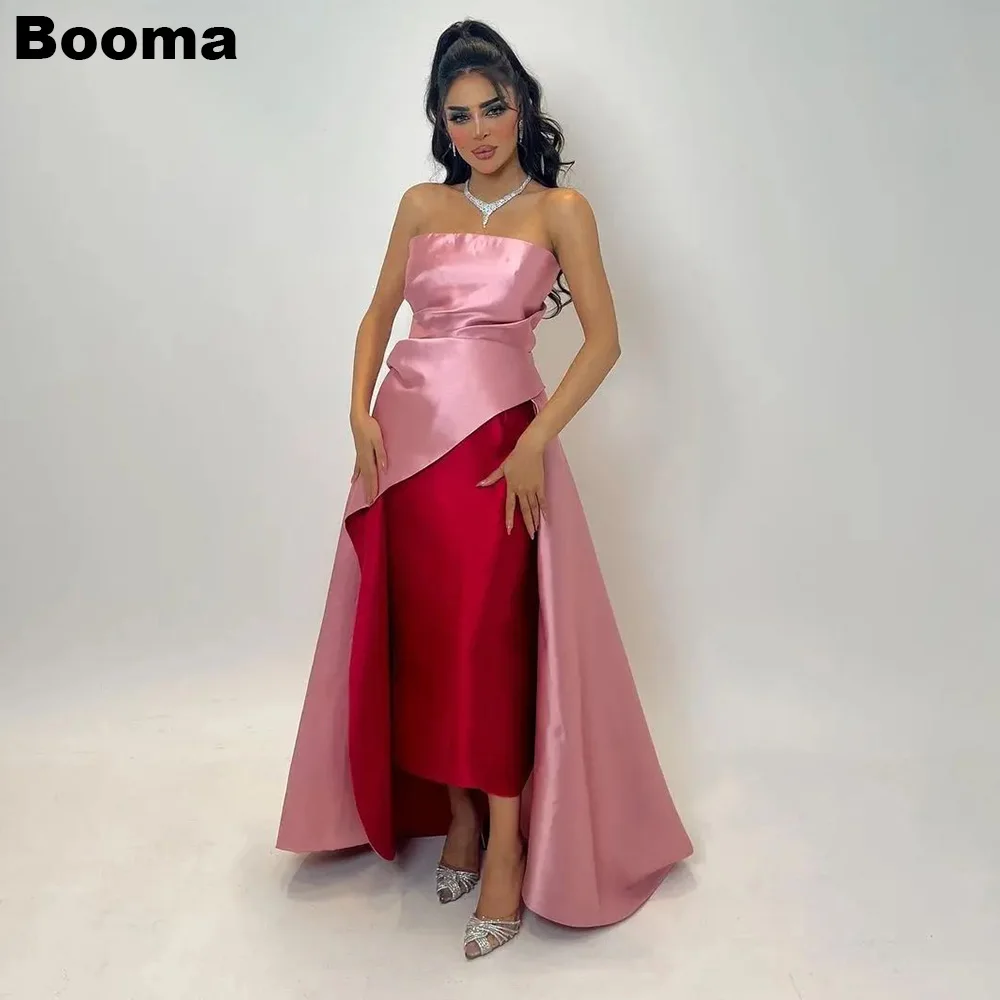 

Booma Pink Red Stain Mermaid Evening Dresses Strapless Cape Formal Occasion Dresses Ankle Length Saudi Arabia Long Prom Gowns