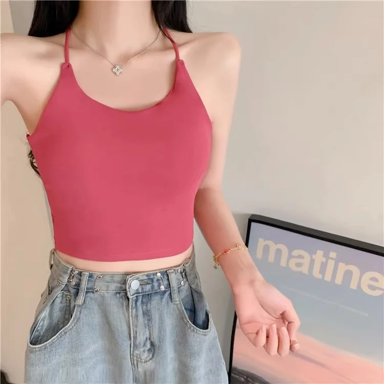 Design Sensation Women's Short Strap Vest Neck Hanging Back Beauty Pad Summer 2023 New Inner Wear Top Unique And Delicate