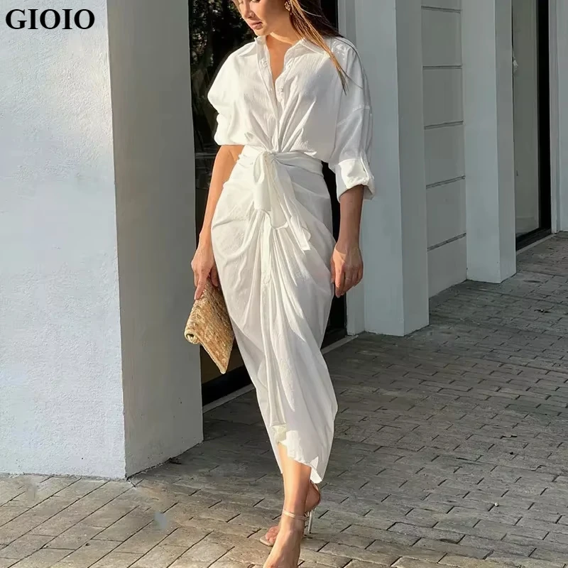 GIOIO Donne Elegante Monopetto A Vita Alta Telai Increspato Camicia Irregolare Maxi Vestito 2024 Estate Chic Abiti Lunghi Vestido