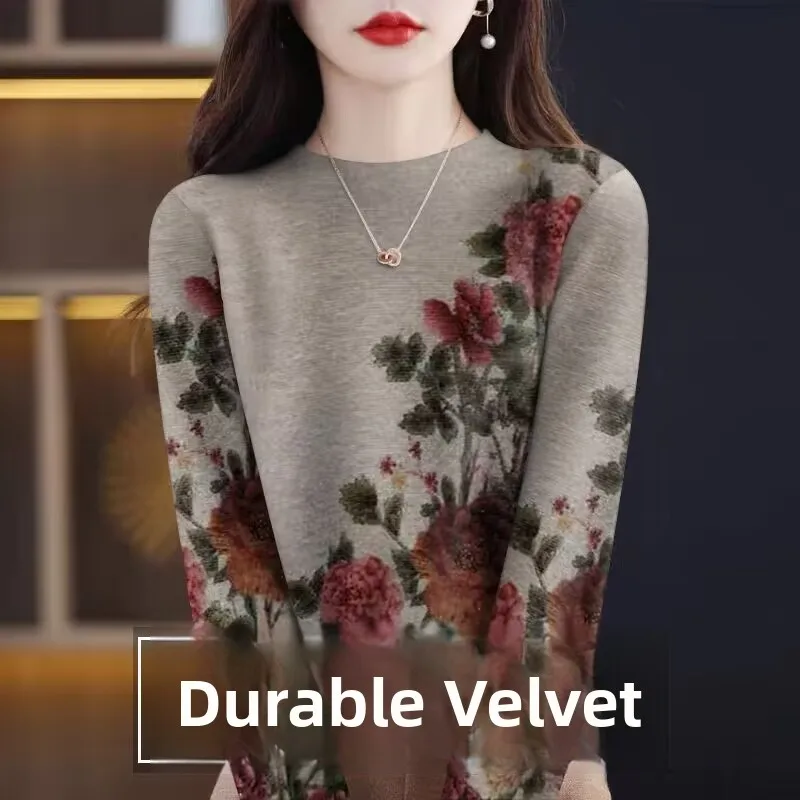 Warm Velvet Printed T-Shirt Women's Autumn Winter Loose Fit Overhead Half High Collar Base Shirt Mom's Wardrobe Casual Style