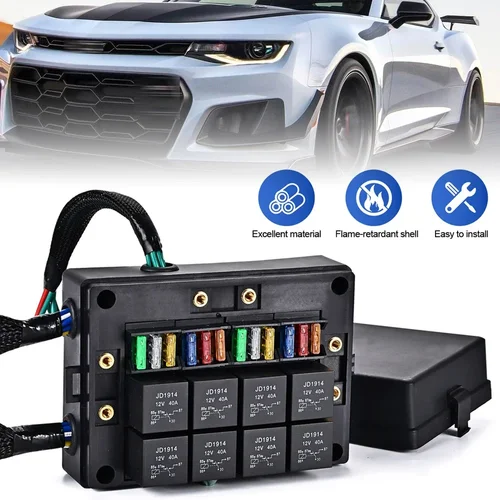 Imagen 1 del producto Caja de relés para coche de 12V, bloque de fusibles, tres fusibles precableados y caja de relé con 15 fusibles de cuchilla 5-30A, 8 Uds., relés de 4 pines 40A