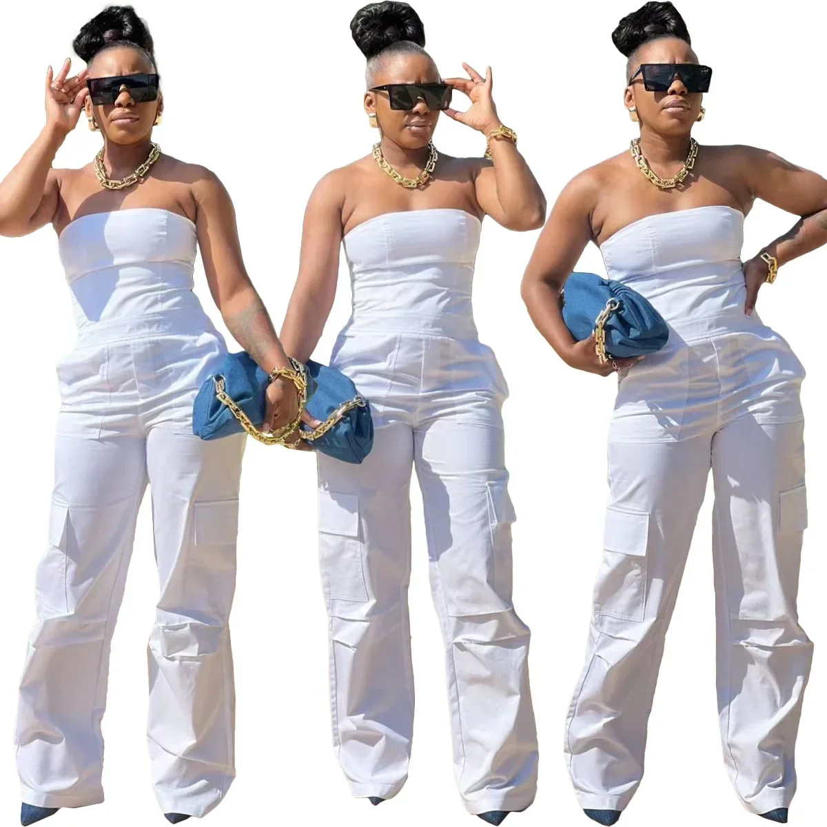 

Jumpsuit Women Casual Strapless Solid Sleeveless Multi Pocket Wide Legs Pants Romper Jumpsuit One Piece Overalls Streetwear