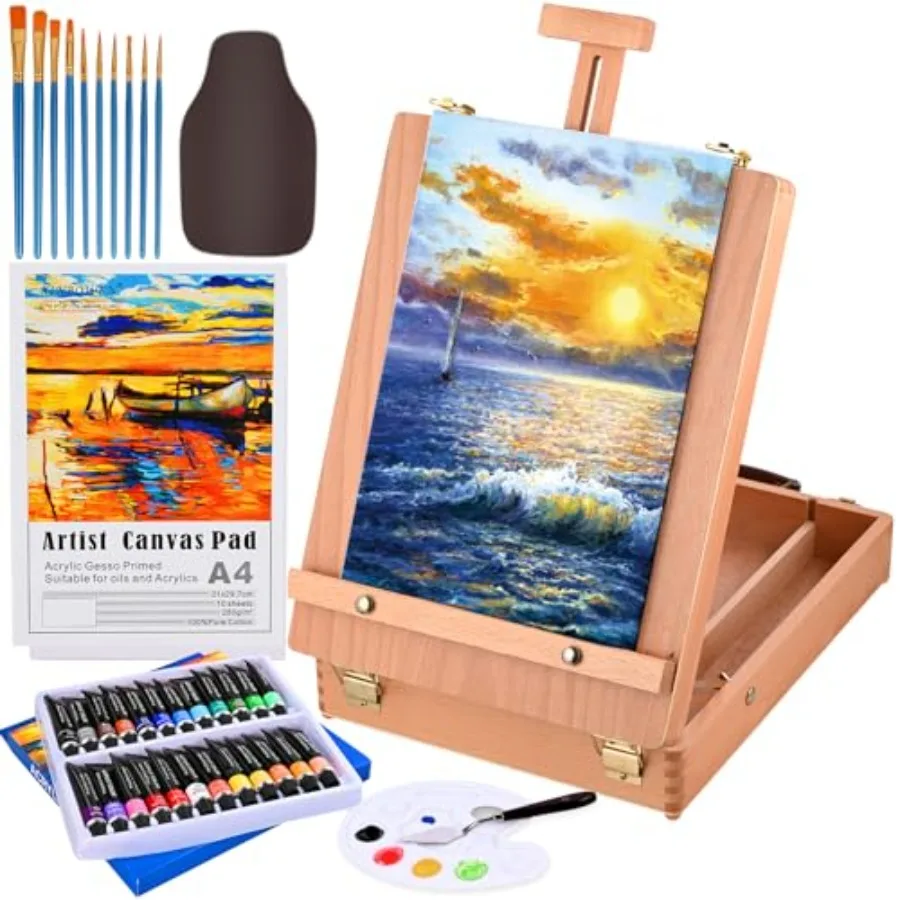 

Tabletop Easel Acrylic Paint Set 40 Pack Painting Kits for Adults Painting Supplies with 24 Acrylic Paints 10 Brushes Art Easel